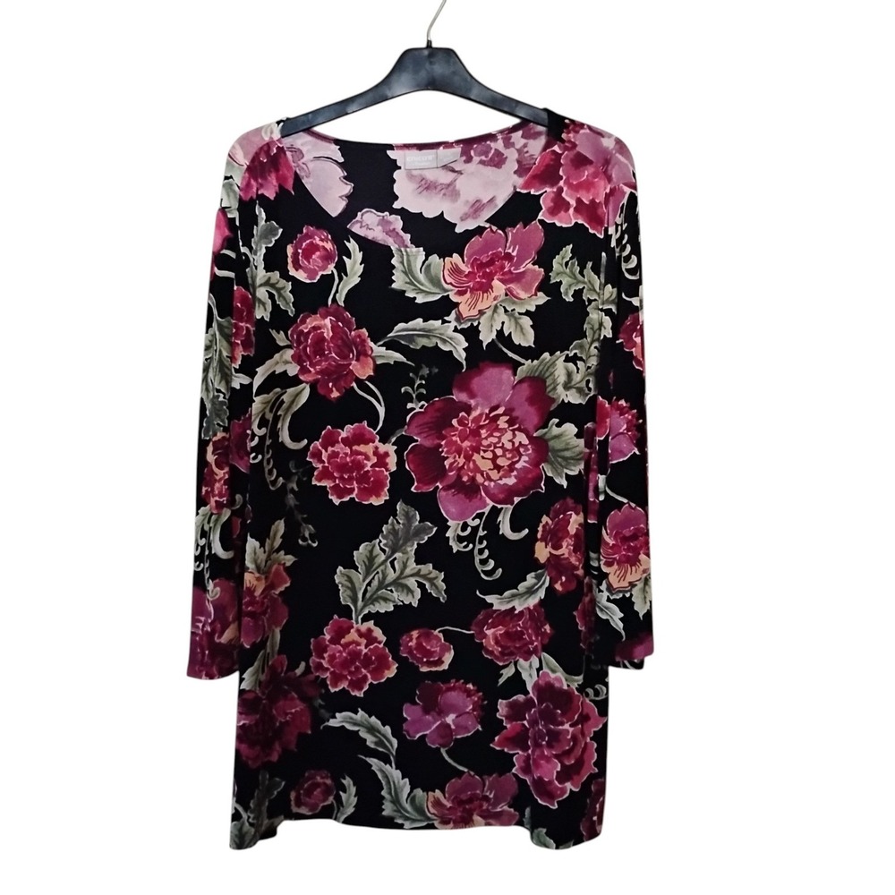 Chicos Travelers Floral Tunic Top Black Pink Purple 3/4 Sleeve Size 4 20/22